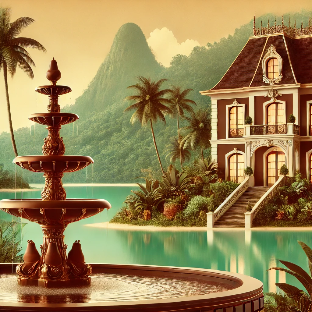 A lavish and opulent plantation mansion in rich, French mid-century style, set on a serene paradise island with a chocolate fountain and a forest in the background.