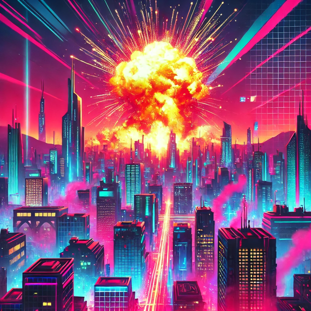 Cyberpunk-themed futuristic cityscape with neon lights and an explosion in the distance.