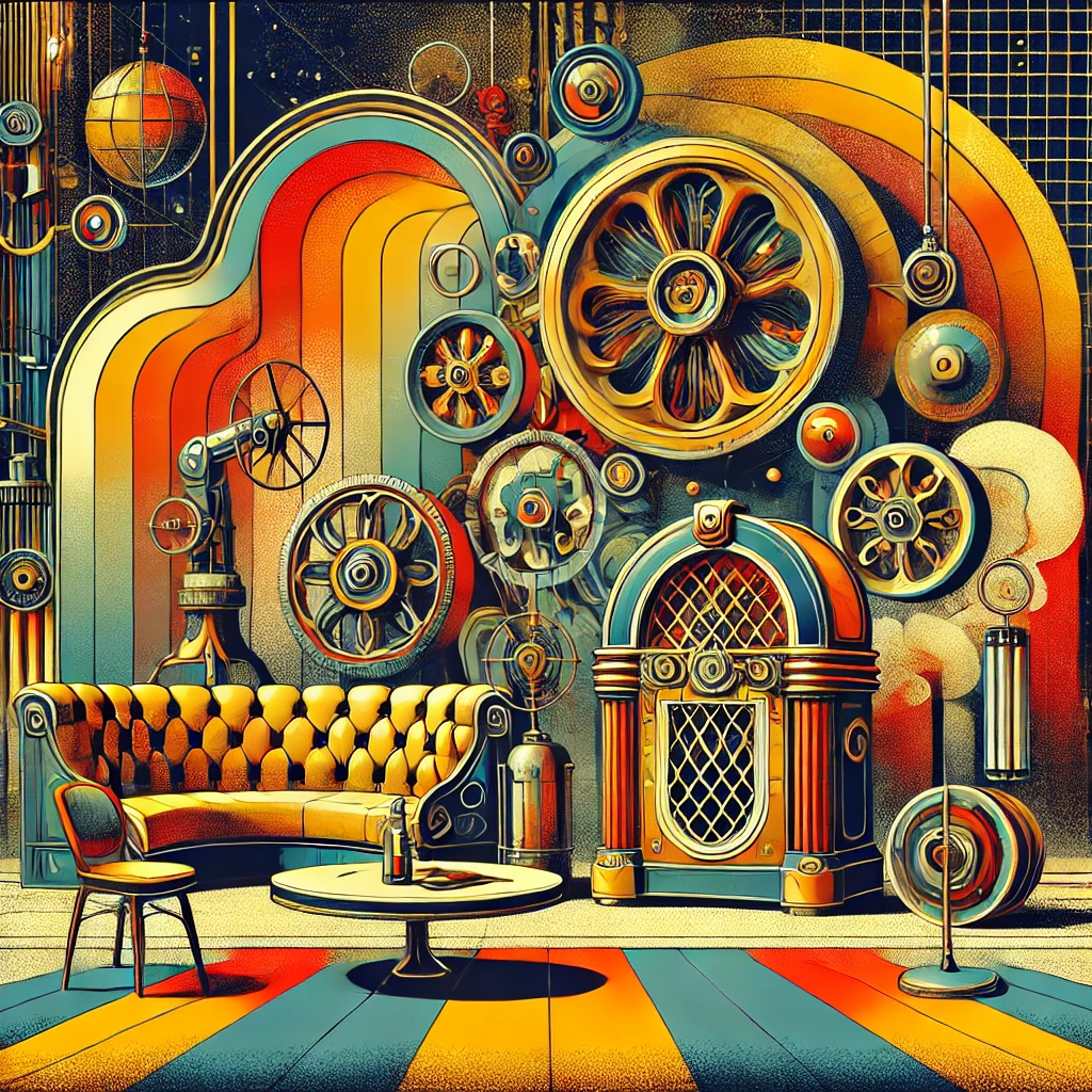 Abstract steampunk-inspired design with bold colors, featuring a blend of French mid-century richness and a steam machine in a futuristic space-podcast studio setting