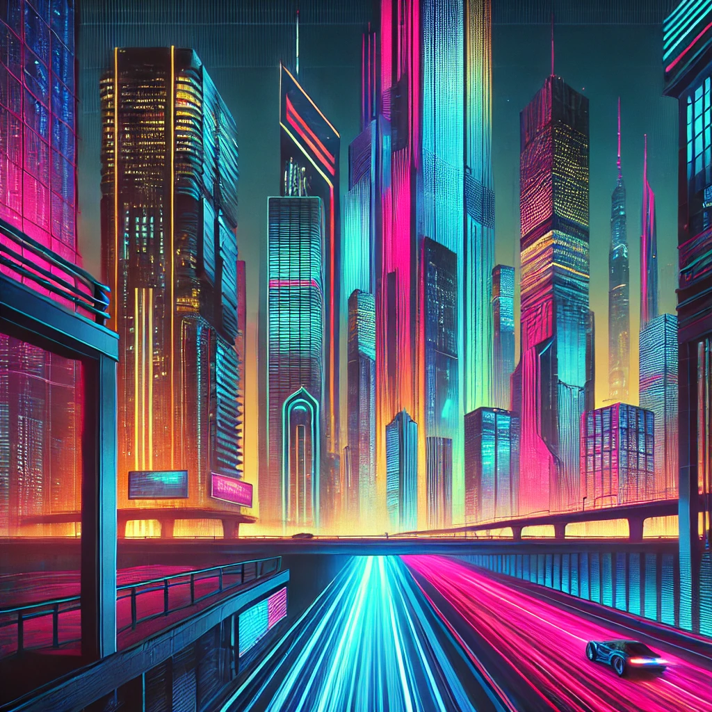 Vibrant cyberpunk cityscape with neon lights and futuristic racetrack.