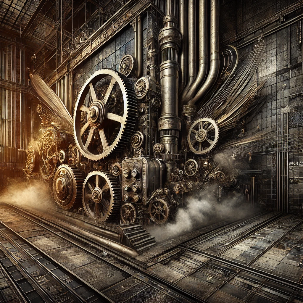 Steampunk-themed factory with dark colors, featuring a large steam machine and intricate industrial elements.