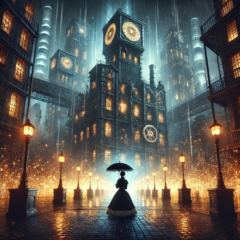 A dark and mysterious steampunk city at night, with towering metal structures, glowing neon lights, and a lone figure in Victorian attire holding an umbrella under a rain of glowing sparks.