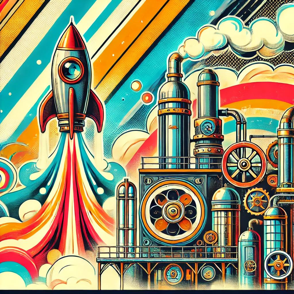 A quirky steampunk factory with vibrant colors and a large steam machine, featuring a cartoon-style rocket launching in the background.