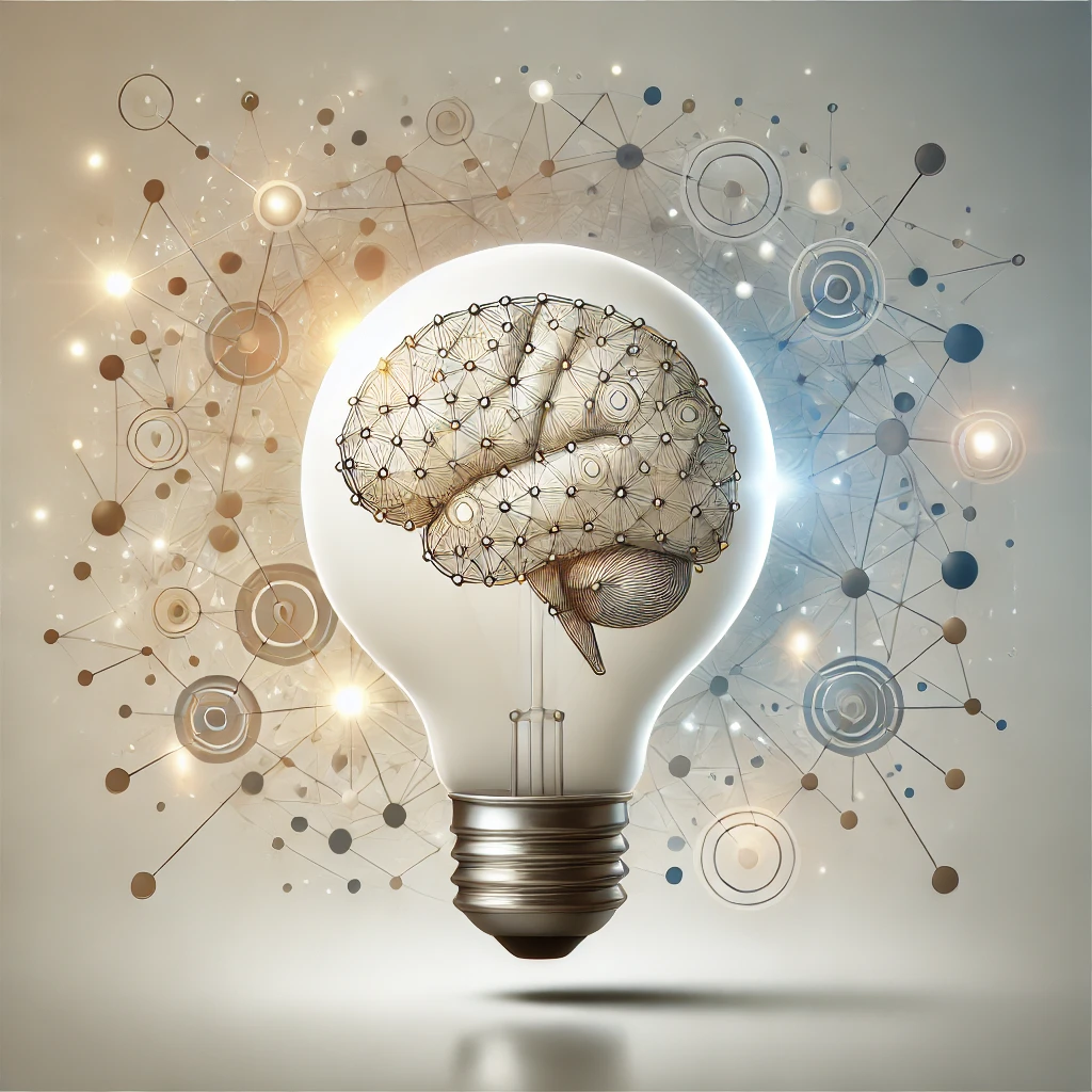 A modern image symbolizing intelligent decision-making in business, featuring a lightbulb and network elements, with neutral tones and highlights of blue and gold.