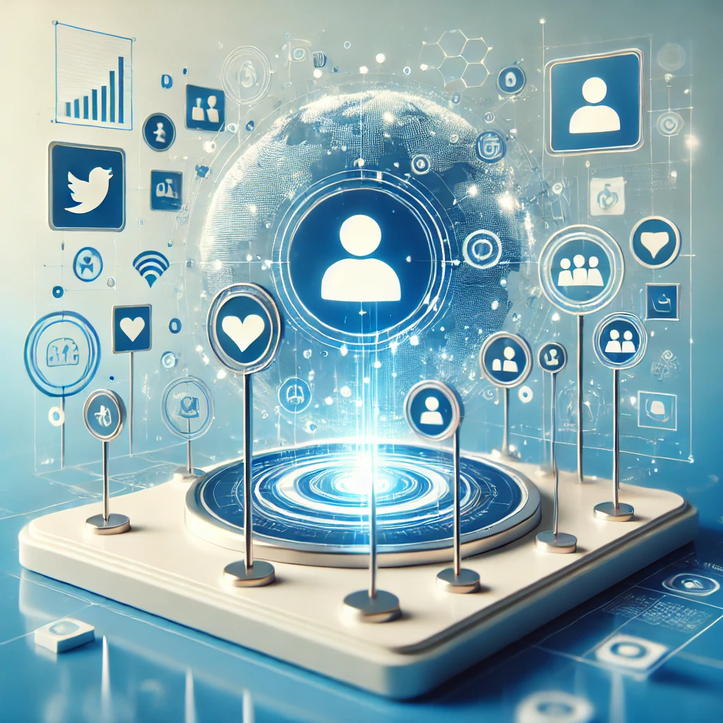 A modern and clean digital interface with vibrant blue and white tones, featuring social icons and buttons that emphasize digital recommendations and social sharing.