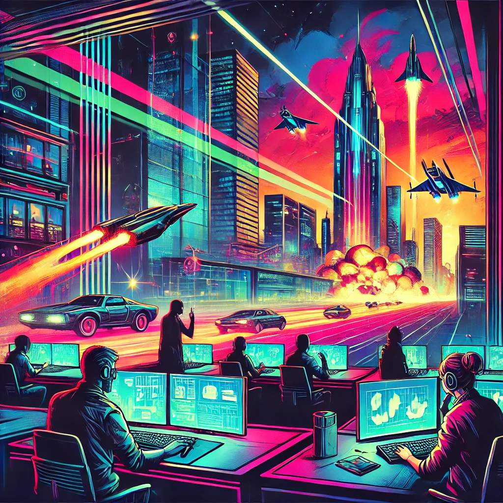 A vibrant cyberpunk-themed scene with people working seriously in a modern office illuminated by neon lights and futuristic gadgets. The background showcases a cityscape with neon-lit tall buildings and flying cars, and an explosion is visible in the distance.
