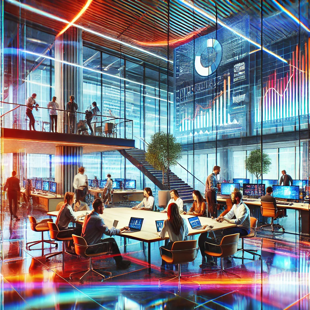 A dynamic and high-energy business environment with a modern design, featuring glass walls, sleek furniture, and vibrant colors. People are collaborating at a large table, working on laptops, and having animated discussions. A large digital display in the background shows graphs and charts indicating financial growth.