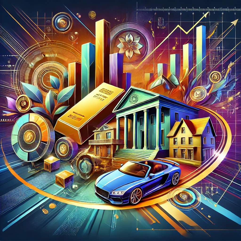 A vibrant, abstract modern design featuring elements of lavishness and wealth. The image includes symbols of luxury such as gold bars, high-end cars, and opulent homes, with dynamic financial graphs and charts indicating growth and prosperity. Bold and bright colors create an atmosphere of extravagance and abundance.