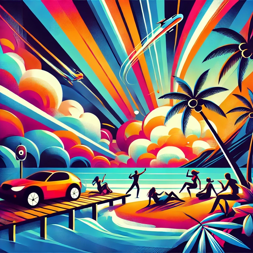 A modern, vibrant abstract image featuring bold and bright colors. The scene depicts a paradise island with people engaged in an accident involving a sports car and an explosion in the background.