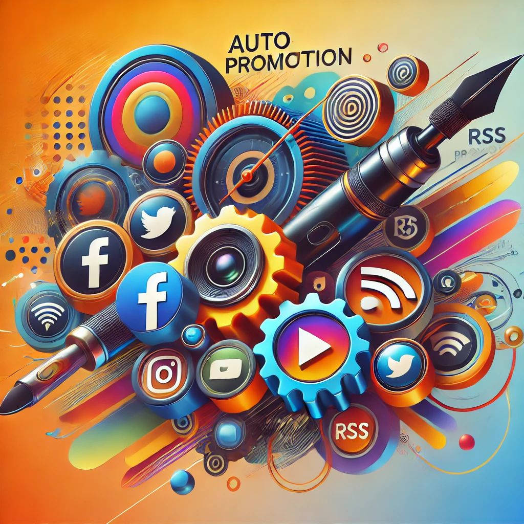 A modern, vibrant abstract image featuring bold and bright colors. The scene depicts a dynamic blogging process with icons for Facebook, Twitter, RSS feeds, and blogging platforms, symbolizing auto-promotion and social media setup.