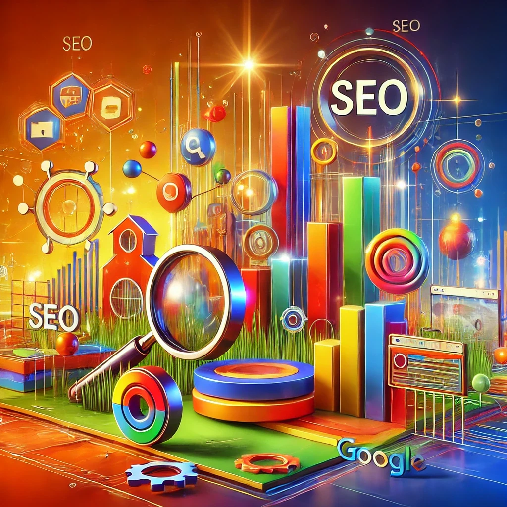 A modern, vibrant abstract image featuring bold and bright colors. The scene depicts the process of improving search engine rankings with elements representing high-quality content, relevance, and effective site structure. The image focuses on an organized and dynamic digital optimization.