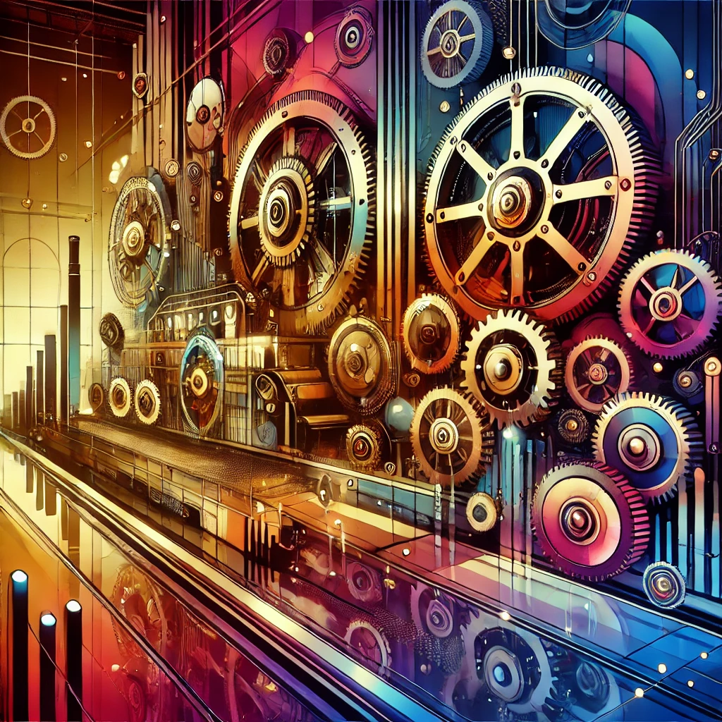 A vibrant and abstract steampunk scene in a modern factory with intricate gears and machinery in bold, vibrant colors and dark, strong elements. No people are present.