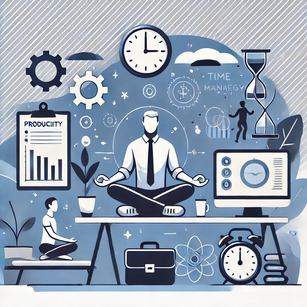 A professional and dynamic illustration showing someone managing their energy while working all day. The scene includes elements like a person meditating, taking breaks, exercising, and working on a computer. The background has a modern and calming design, with icons representing productivity, time management, and wellness. No text or specific logos are present.