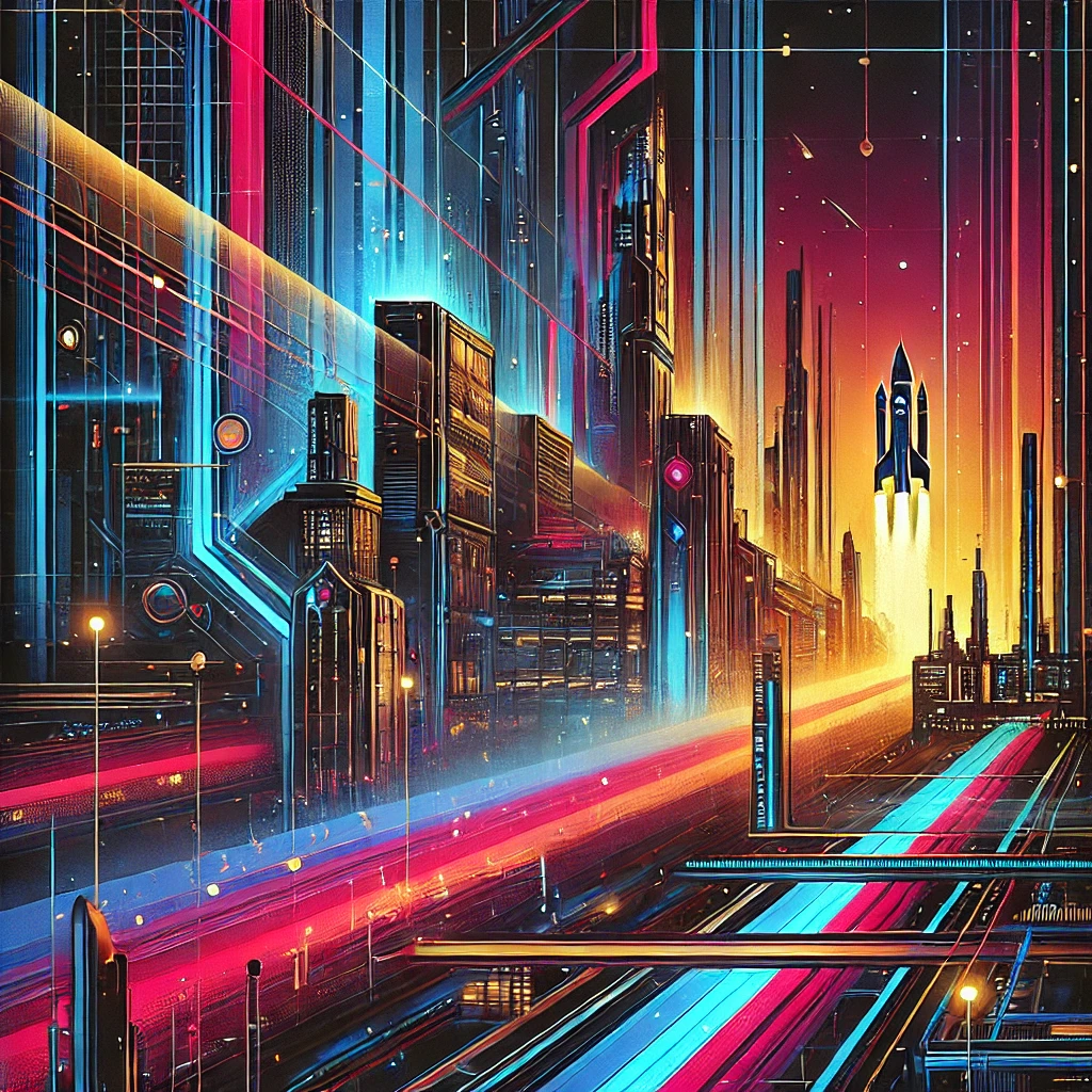 A vibrant and bold abstract image featuring a futuristic cityscape with cyberpunk elements. The color scheme includes dark and strong colors with neon lights. The background depicts a detailed factory setting with advanced machinery and a rocket in the background. The image is dynamic and energetic, with glowing lines and patterns indicating movement.