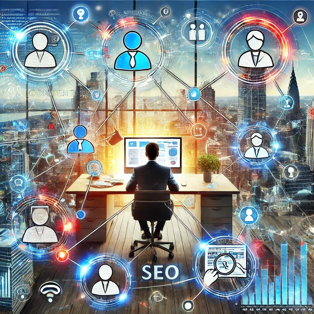 A vibrant and detailed image showing a business person sitting at a desk, surrounded by multiple virtual assistants (represented by icons or avatars) connected via lines to different tasks such as content writing, website design, and SEO. The background features an office setting with modern equipment and a view of a cityscape through large windows. The overall feel is professional and energetic, emphasizing efficiency and collaboration.