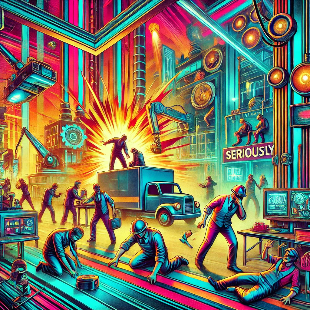 A vibrant and abstract image featuring elements of cyberpunk and steampunk styles in a factory setting with a mix of futuristic and vintage machinery. In the foreground, there are people involved in a comical accident while working seriously, with humorous, slapstick actions. The scene is colored with bold and vibrant neon lights and metallic hues, with an explosion in the background adding to the chaotic yet lively atmosphere.