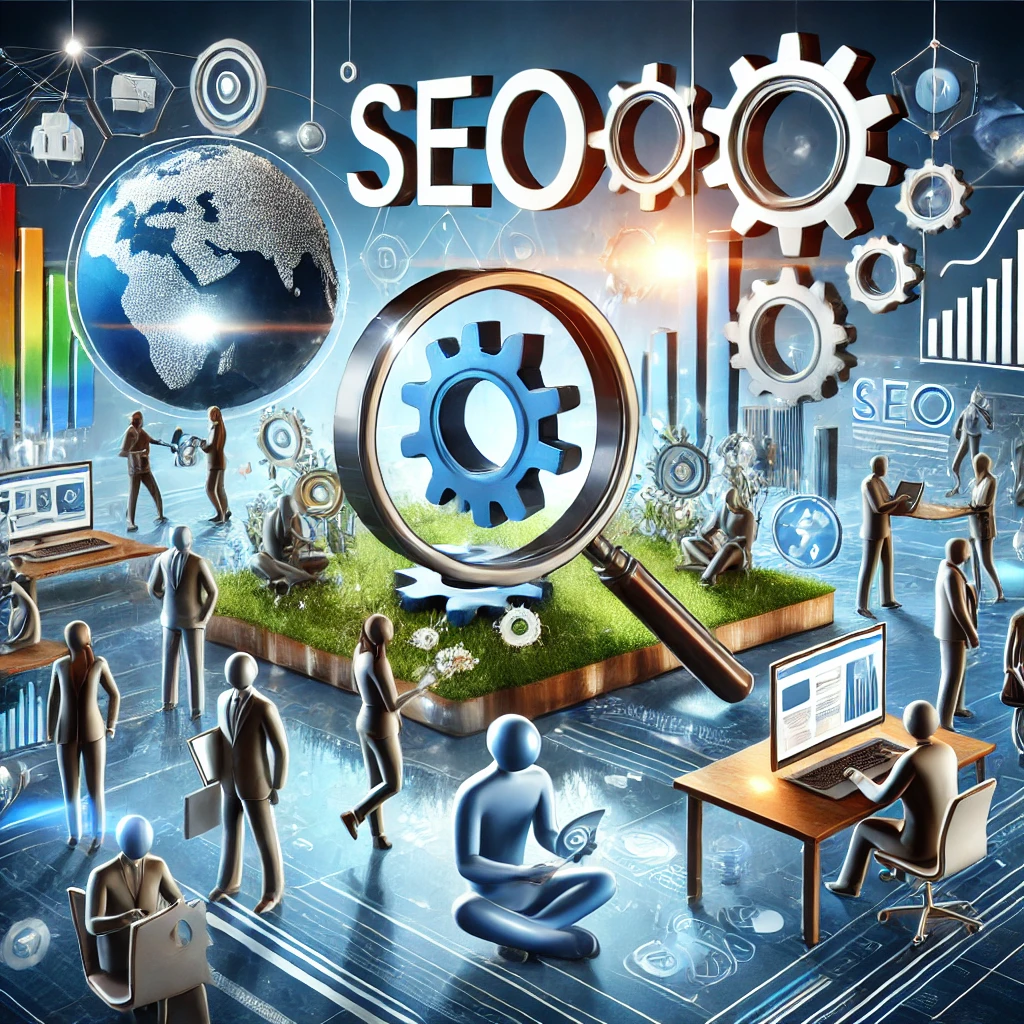 A dynamic and engaging image showcasing the concept of leveraging SEO through various tools and strategies. The scene includes modern digital marketing icons such as a magnifying glass over a website, gears representing automation tools, and a globe symbolizing global reach. Figures are working collaboratively, with some using laptops and others analyzing data charts. The color palette is professional, featuring a mix of blues, greens, and whites, reflecting a high-tech and efficient environment.