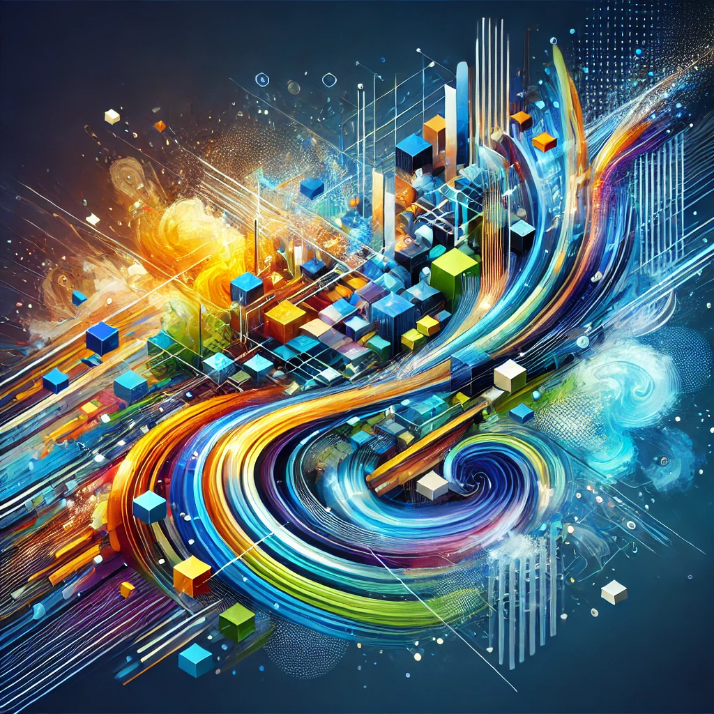 A vibrant and abstract image featuring a blend of geometric shapes and patterns. The scene evokes creativity and energy, with a variety of colors like blues, greens, and yellows swirling together. The design is dynamic and eye-catching, without any specific objects or text, representing a general sense of innovation and inspiration.