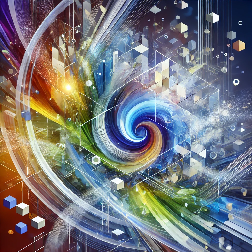 A vibrant and abstract image featuring a blend of geometric shapes and patterns. The scene evokes creativity and energy, with a variety of colors like blues, greens, and yellows swirling together. The design is dynamic and eye-catching, without any specific objects or text, representing a general sense of innovation and inspiration.
