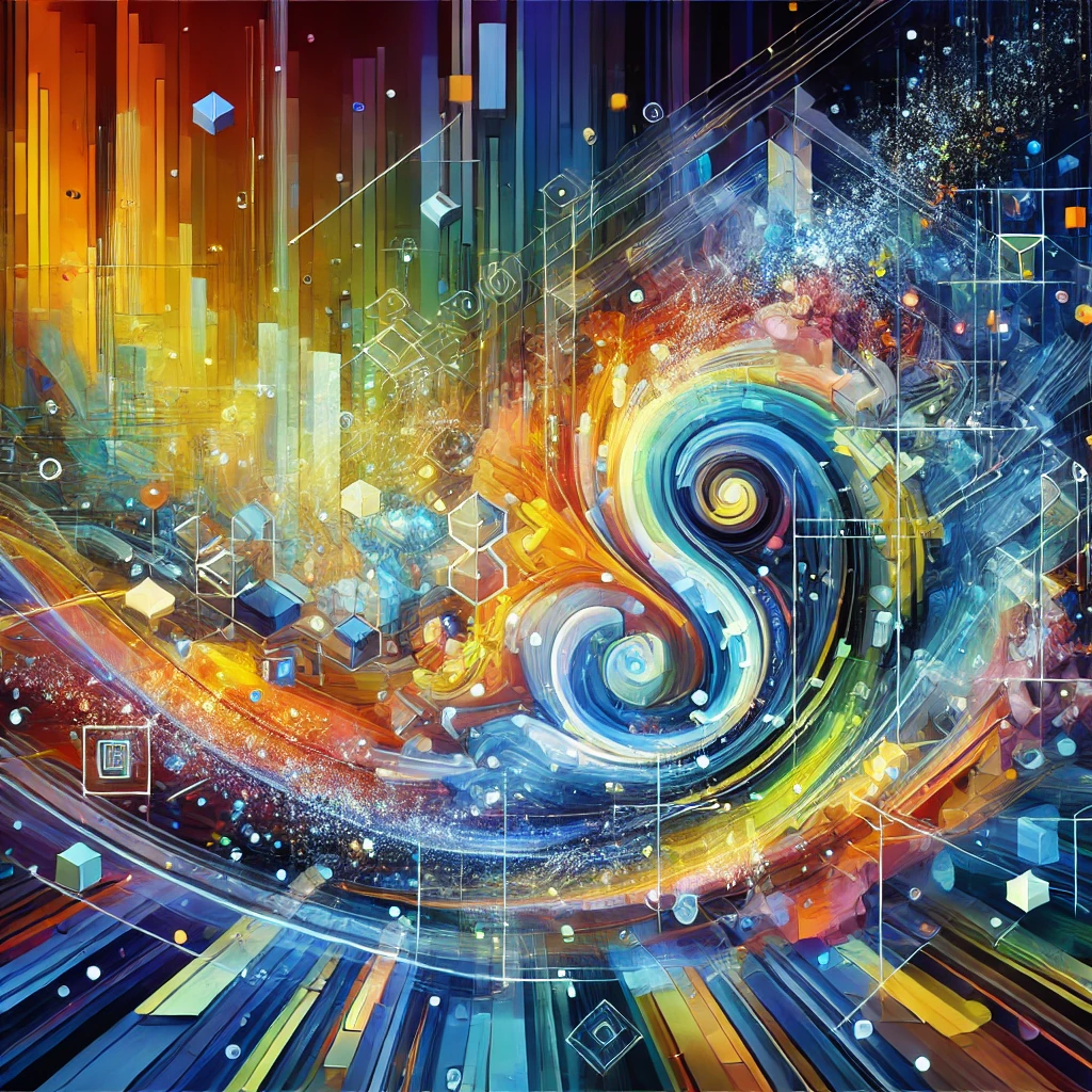 A vibrant and abstract image featuring a blend of geometric shapes and patterns. The scene evokes creativity and energy, with a variety of colors like blues, greens, and yellows swirling together. The design is dynamic and eye-catching, without any specific objects or text, representing a general sense of innovation and inspiration.