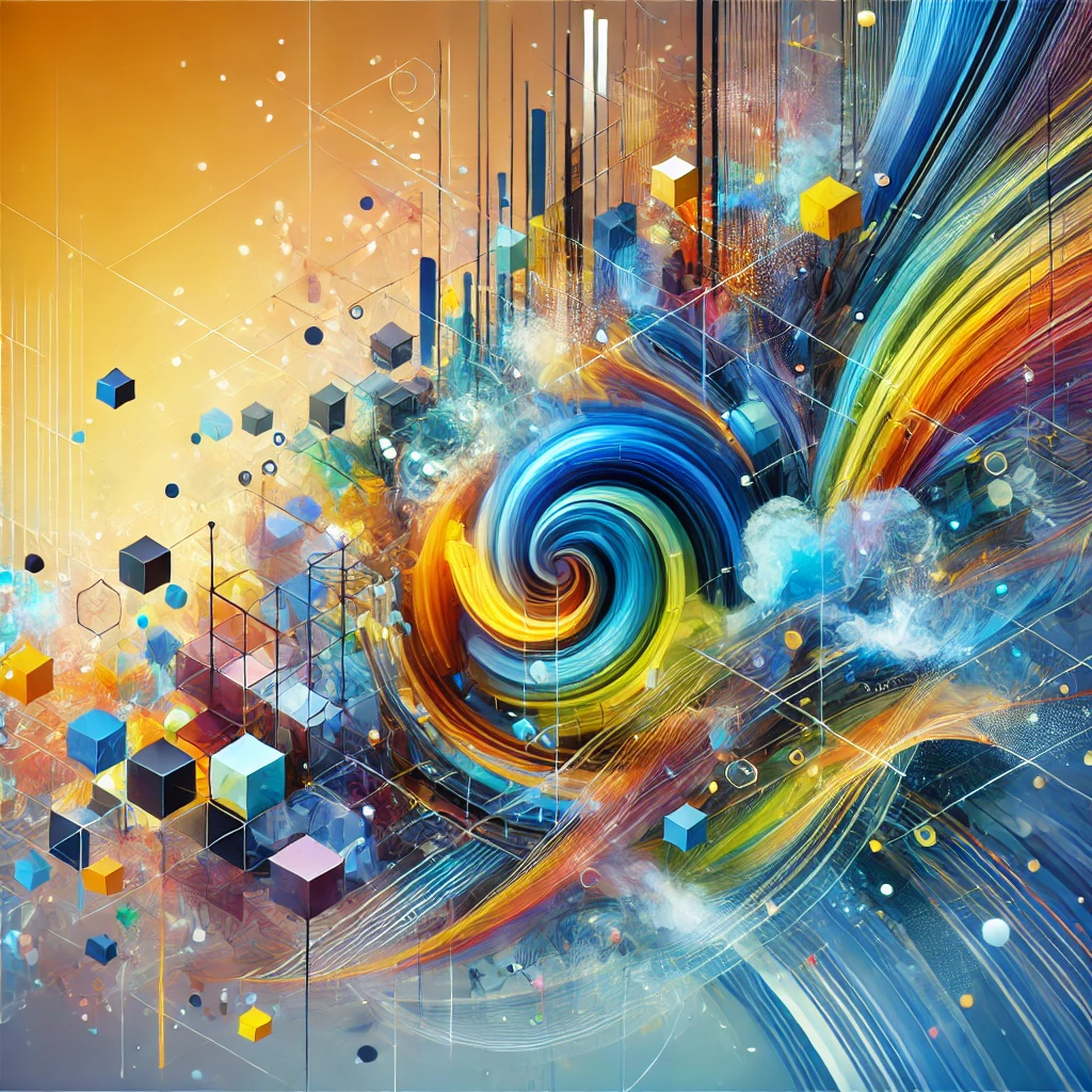 A vibrant and abstract image featuring a blend of geometric shapes and patterns. The scene evokes creativity and energy, with a variety of colors like blues, greens, and yellows swirling together. The design is dynamic and eye-catching, without any specific objects or text, representing a general sense of innovation and inspiration.