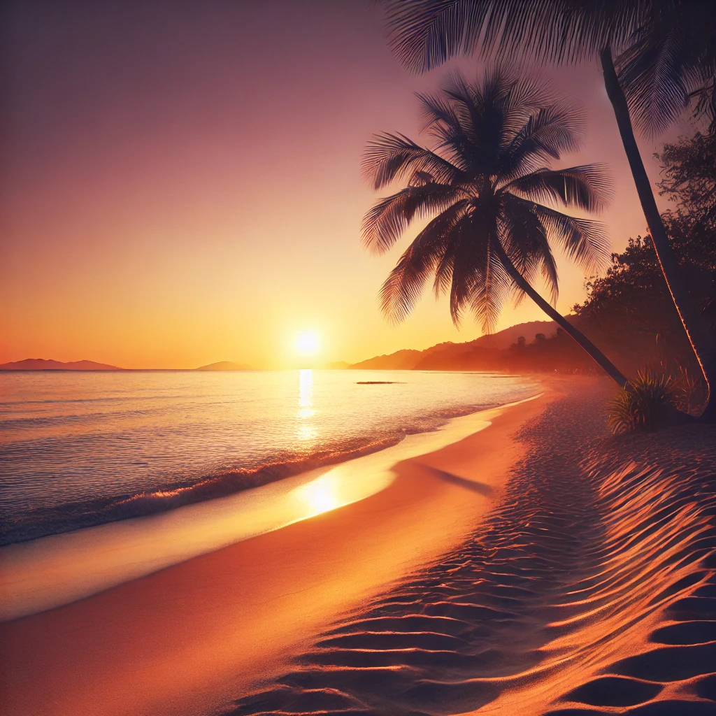 A peaceful beach scene at sunset, with the sun dipping below the horizon and casting a warm golden glow over the water. The beach is lined with soft, white sand and a few scattered palm trees swaying gently in the breeze. The sky is a gradient of oranges, pinks, and purples, reflecting on the calm ocean waves.