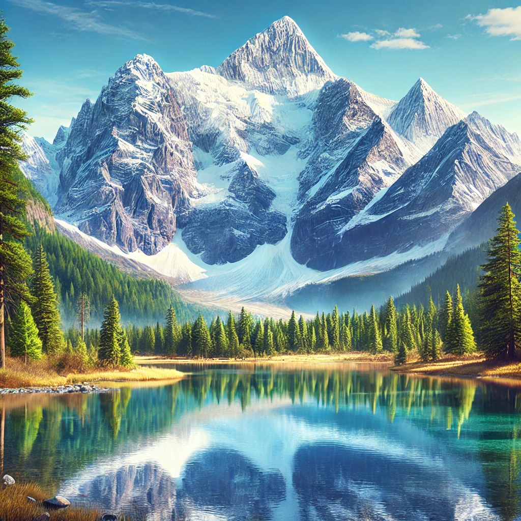 A scenic landscape featuring a majestic mountain range with snow-capped peaks, a crystal-clear lake in the foreground reflecting the mountains and surrounding pine trees. The sky is bright and clear, with a few wispy clouds, creating a breathtaking and serene atmosphere.