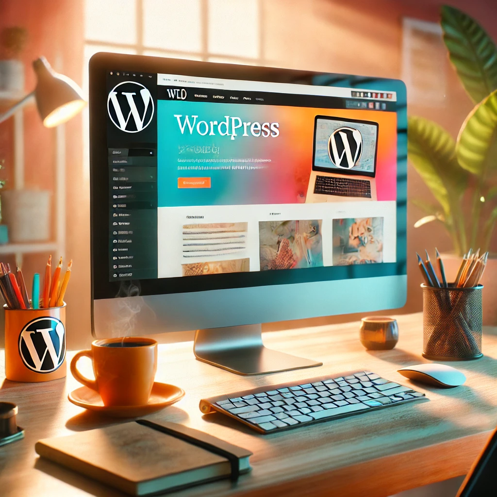 A vibrant and inviting workspace featuring a modern computer setup with a WordPress blog open on the screen. The desk is neat, with a cup of coffee, a notebook, and a plant adding a touch of greenery. Soft lighting from a nearby window creates a warm and productive atmosphere.