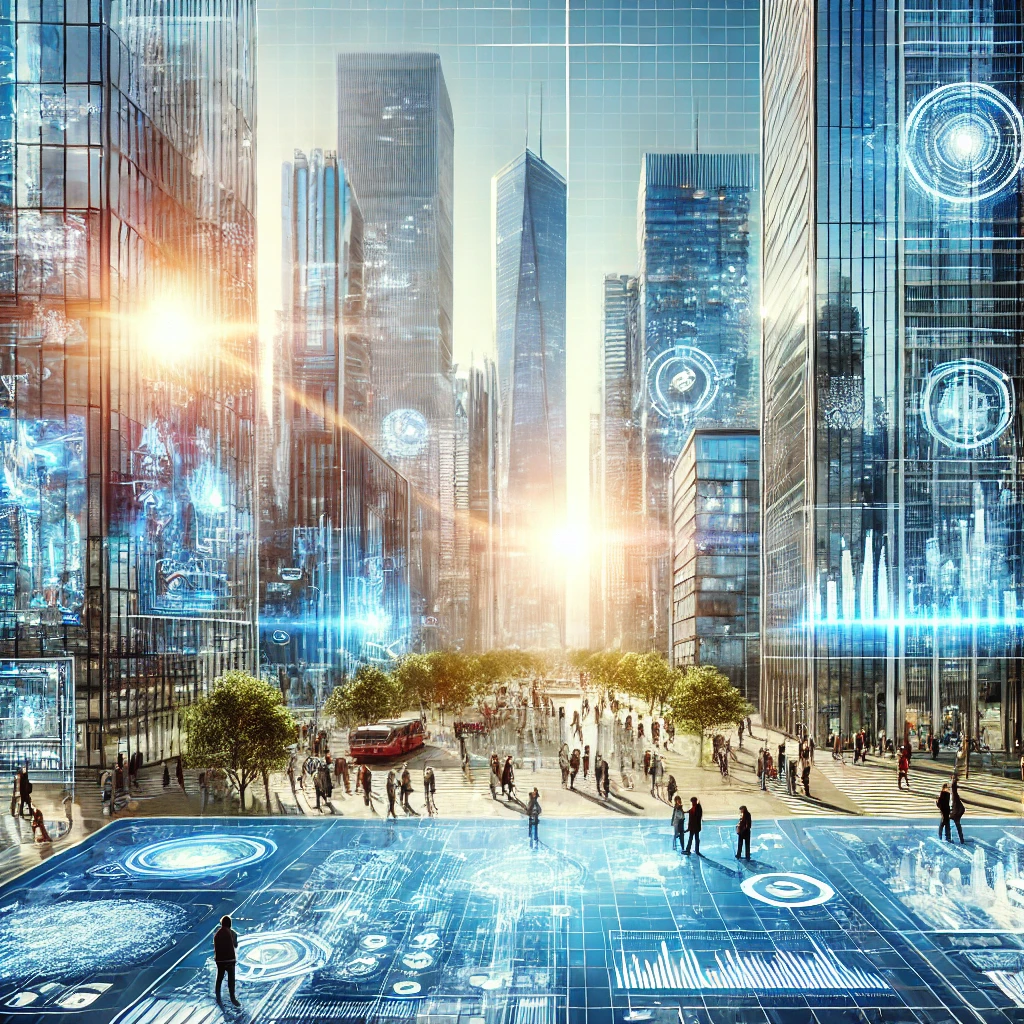 A futuristic cityscape with towering skyscrapers and advanced technology, featuring people interacting with large, transparent digital screens during the day.