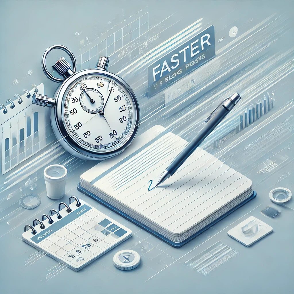 A stopwatch and a notebook with a pen, symbolizing speed and efficiency in writing, with a calendar and coffee cup in the backgroun