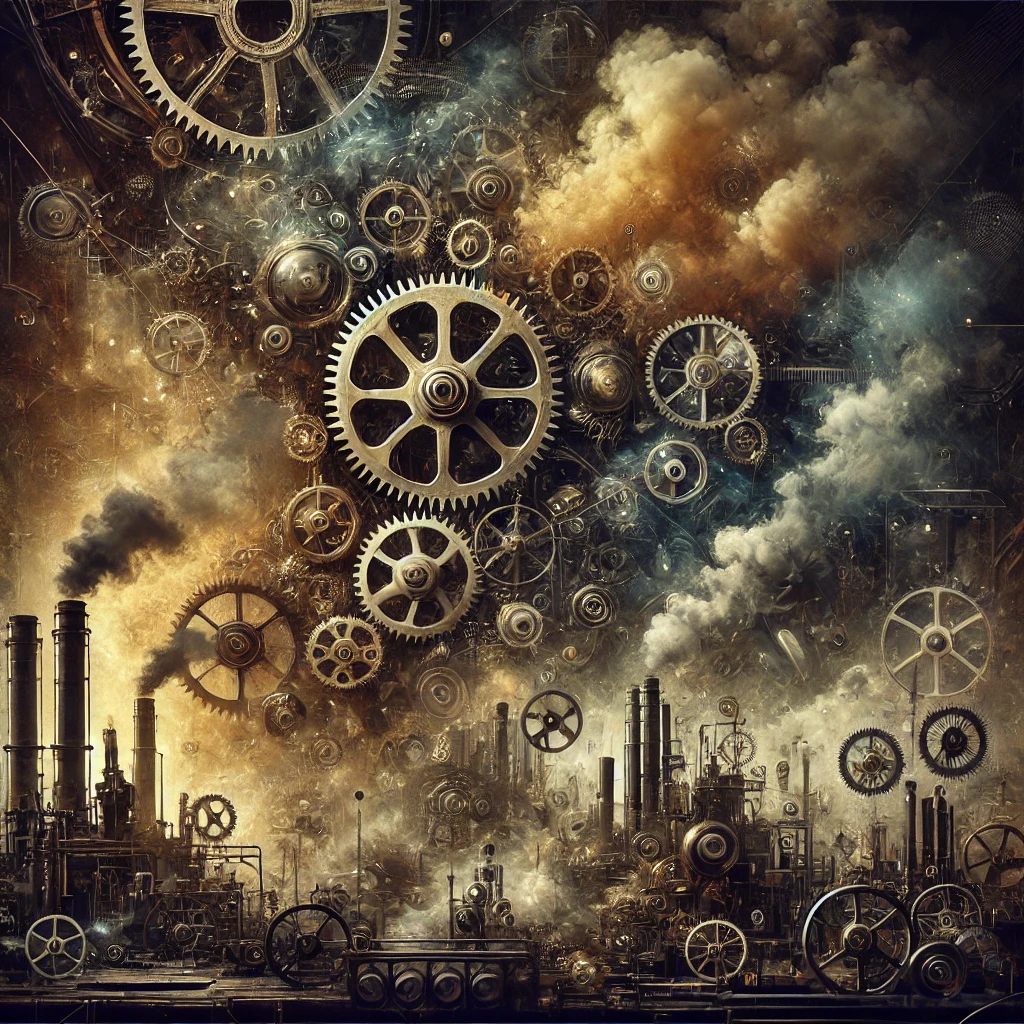 "Steampunk-inspired abstract image with dark and strong colors, featuring a vintage factory background with random and surreal elements."