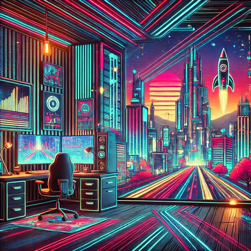 A vibrant cyberpunk-themed cityscape with neon lights, featuring a modern home office in the background, a rocket, and a forest on the side, creating a surreal atmosphere.