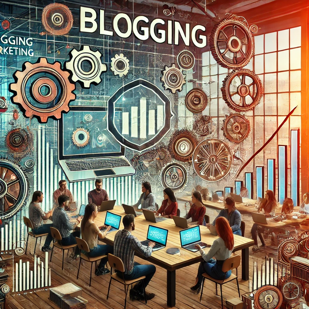 Modern abstract image showcasing a steampunk-themed blogging workshop in a factory setting. Participants are engaged in discussions around a table with laptops and charts, with a large screen displaying a graph showing growth trends.