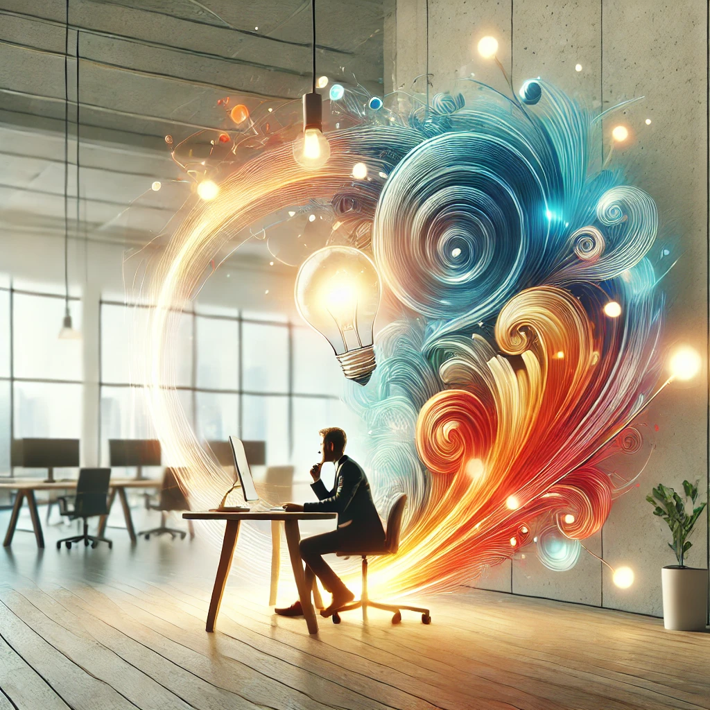 Modern artwork with bright colors, featuring a person engaged in creative work in an office environment, symbolizing passion and dedication.
