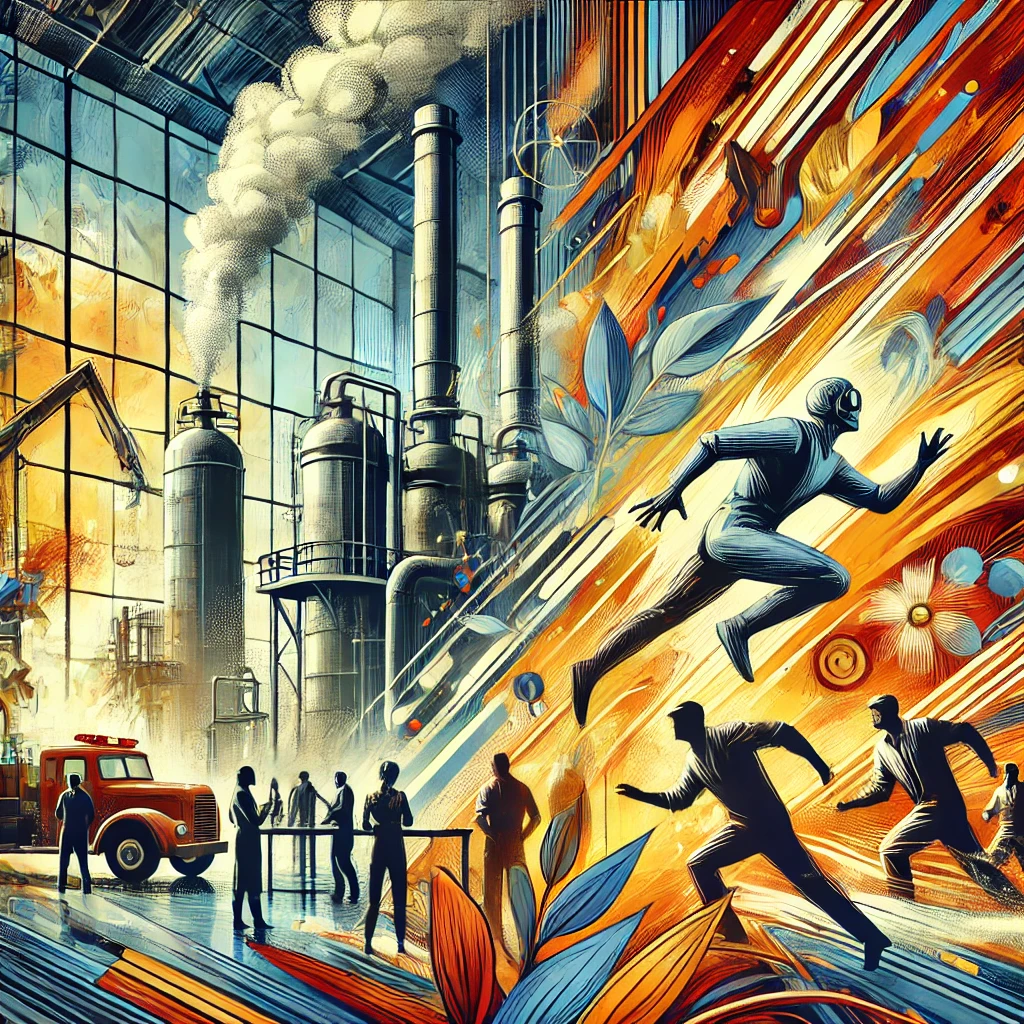 A surreal factory scene with people involved in an accident, bold and vibrant colors, featuring an explosion in the background.