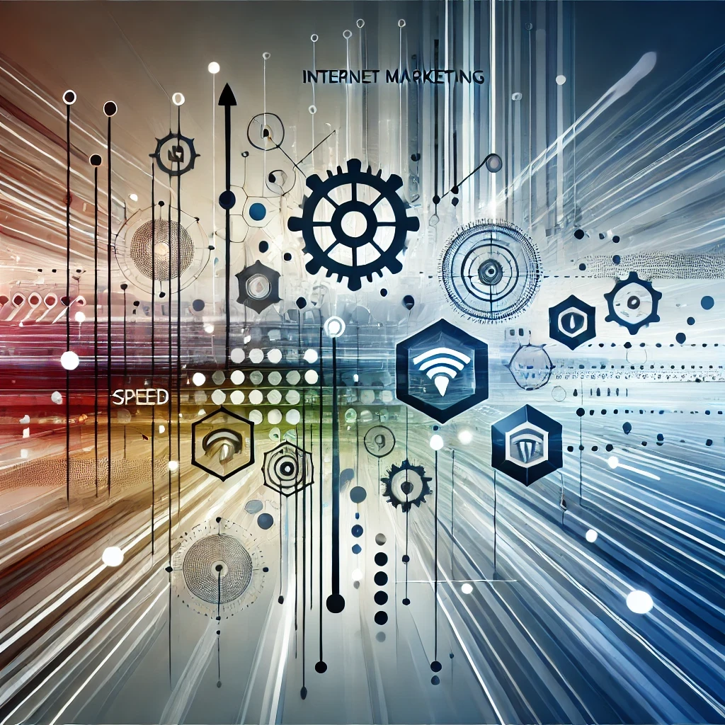 Modern artwork representing internet marketing, speed, networking, and business growth with abstract elements symbolizing team delegation and outsourcing.