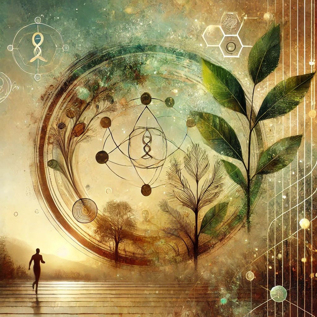 An abstract and serene image blending natural and spiritual elements, symbolizing the connection between biology and success, with earthy tones and highlights of gold and green.