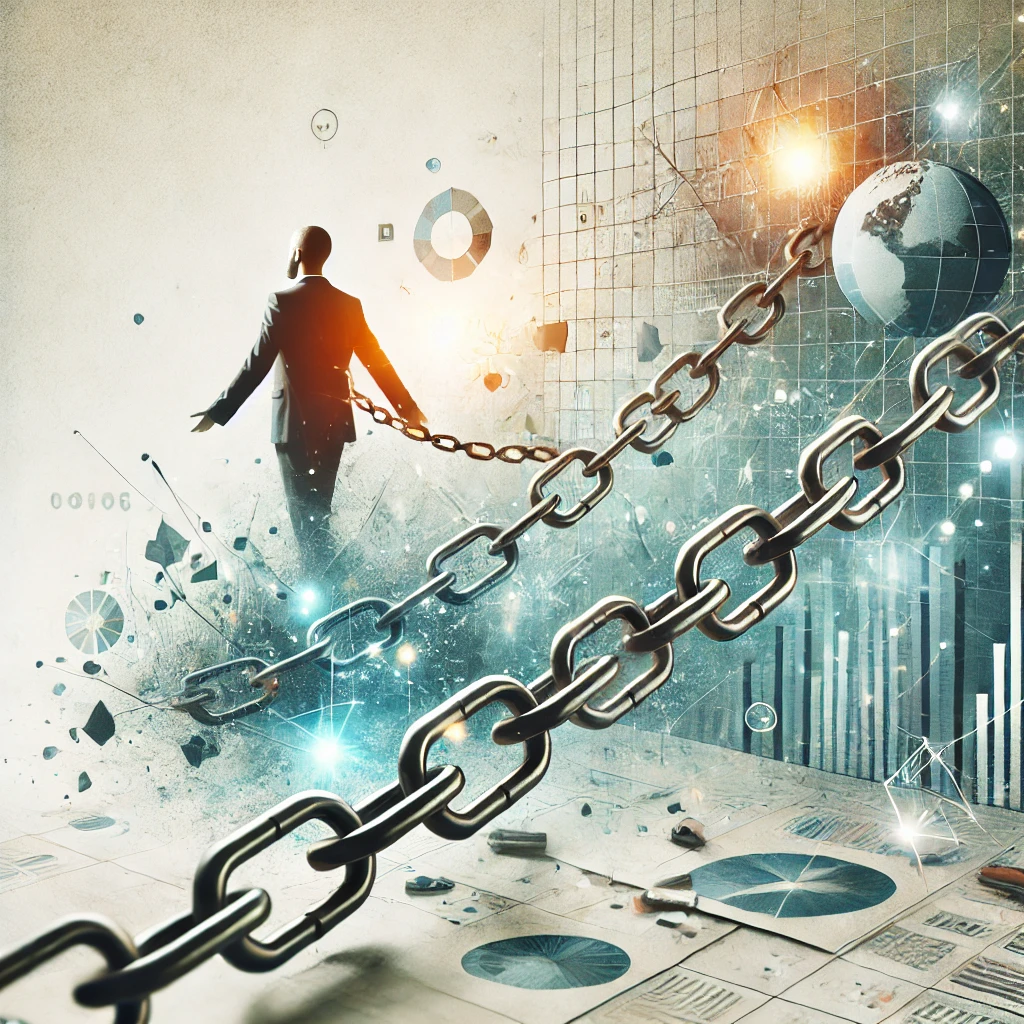 An abstract and modern image symbolizing breaking free from traditional methods in business, with neutral tones and highlights of blue and green.