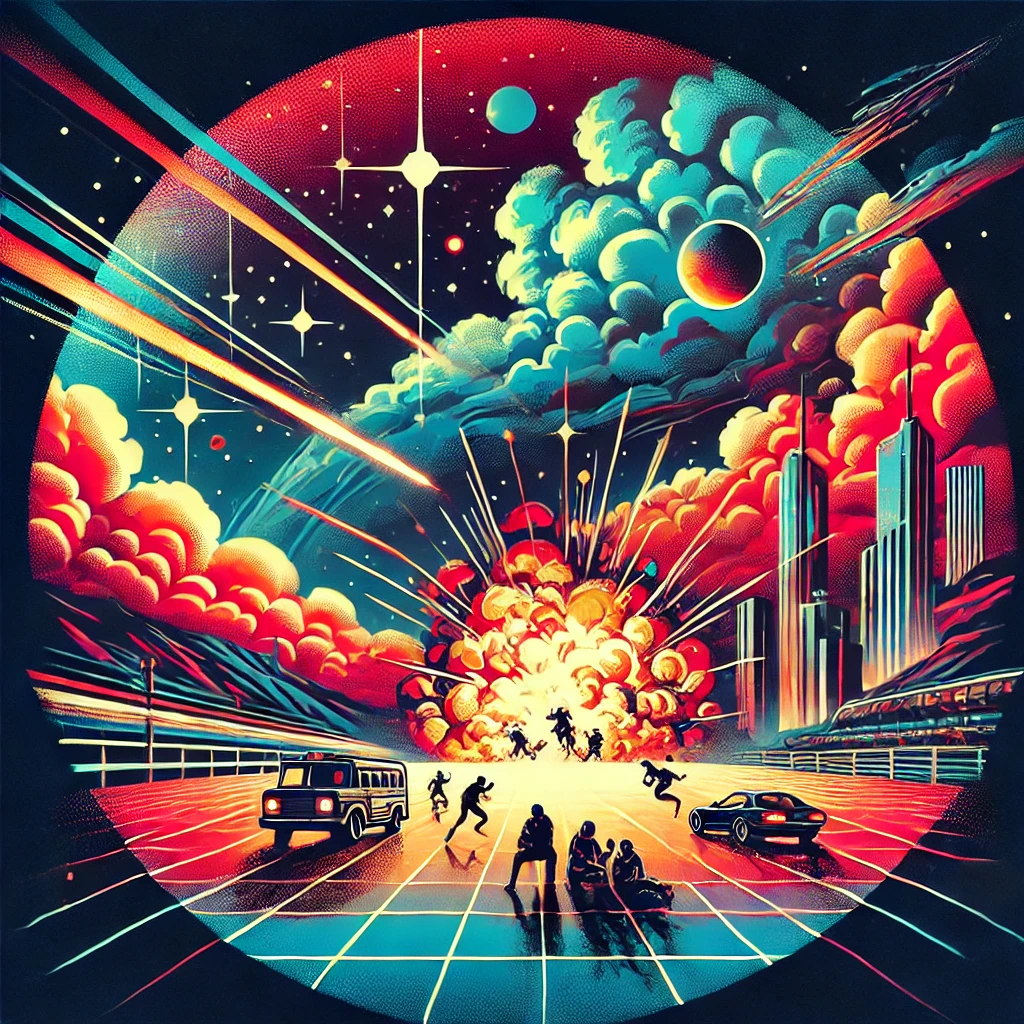 An abstract cyberpunk scene with a vintage look, featuring bold and vibrant colors. The scene is set in space with a dark, starry background. In the foreground, there is an explosion near a group of people who appear to be engaged in an accidental situation.