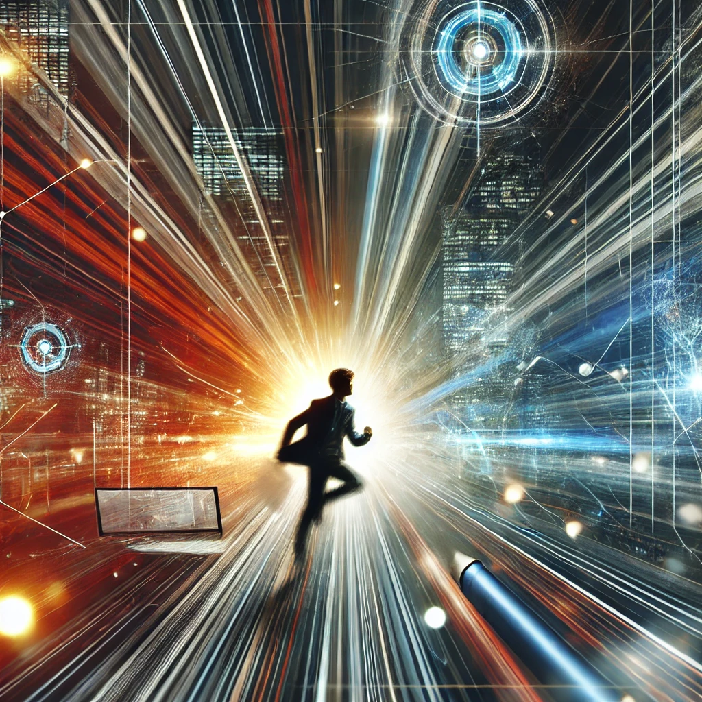 An abstract and dynamic image symbolizing the journey of a young entrepreneur toward success in the online business world, featuring energetic tones and digital elements.