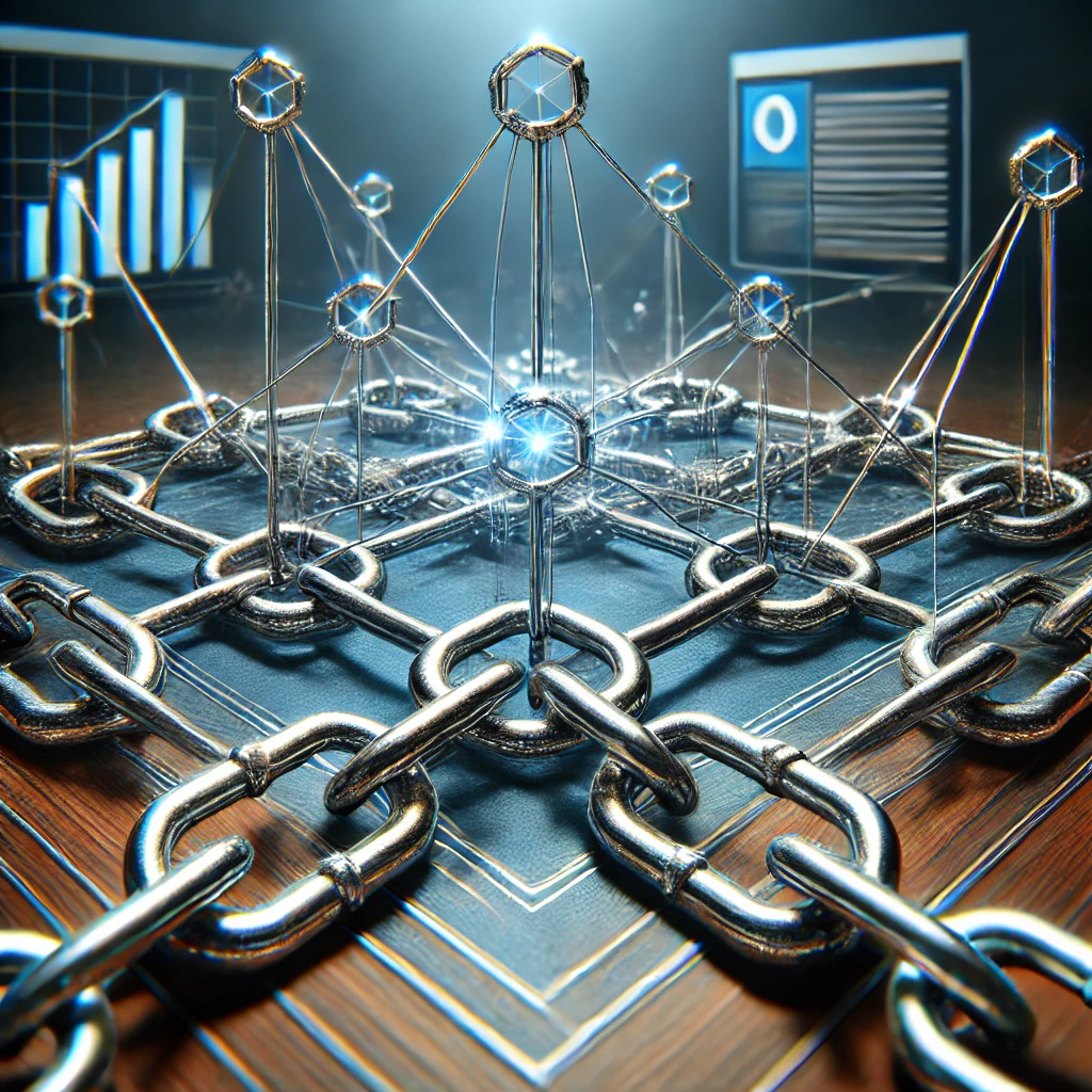 A strong, interconnected web of links made of sturdy chains, symbolizing the strength and importance of quality backlinks in SEO.