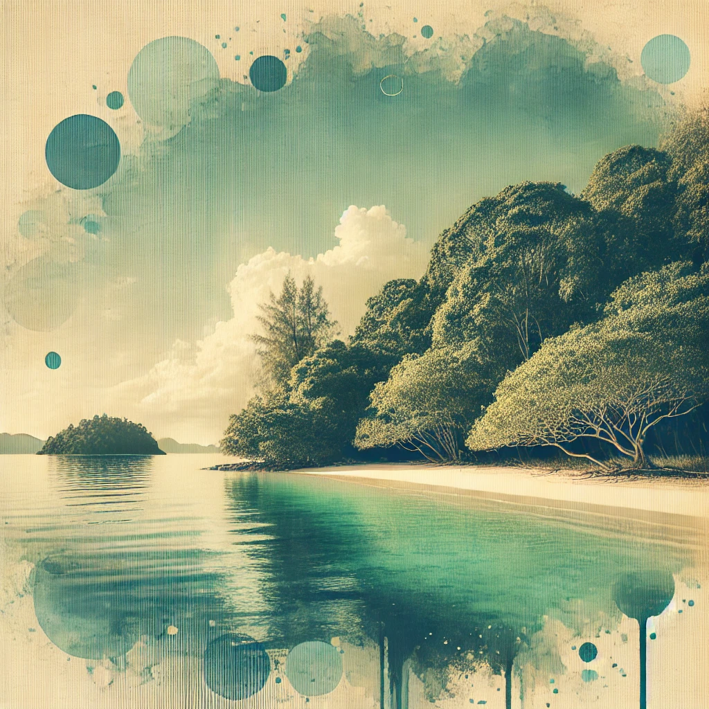 A tranquil scene set on a Paradise Island, featuring a serene landscape with a vintage and abstract style, surrounded by a lush forest in mellow and relaxing colors.