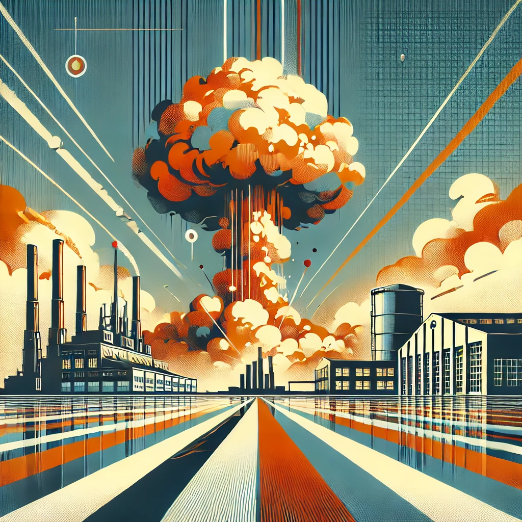 Factory setting with an abstract mix of modern and vintage elements in bold, vibrant colors, with a distant explosion subtly included.