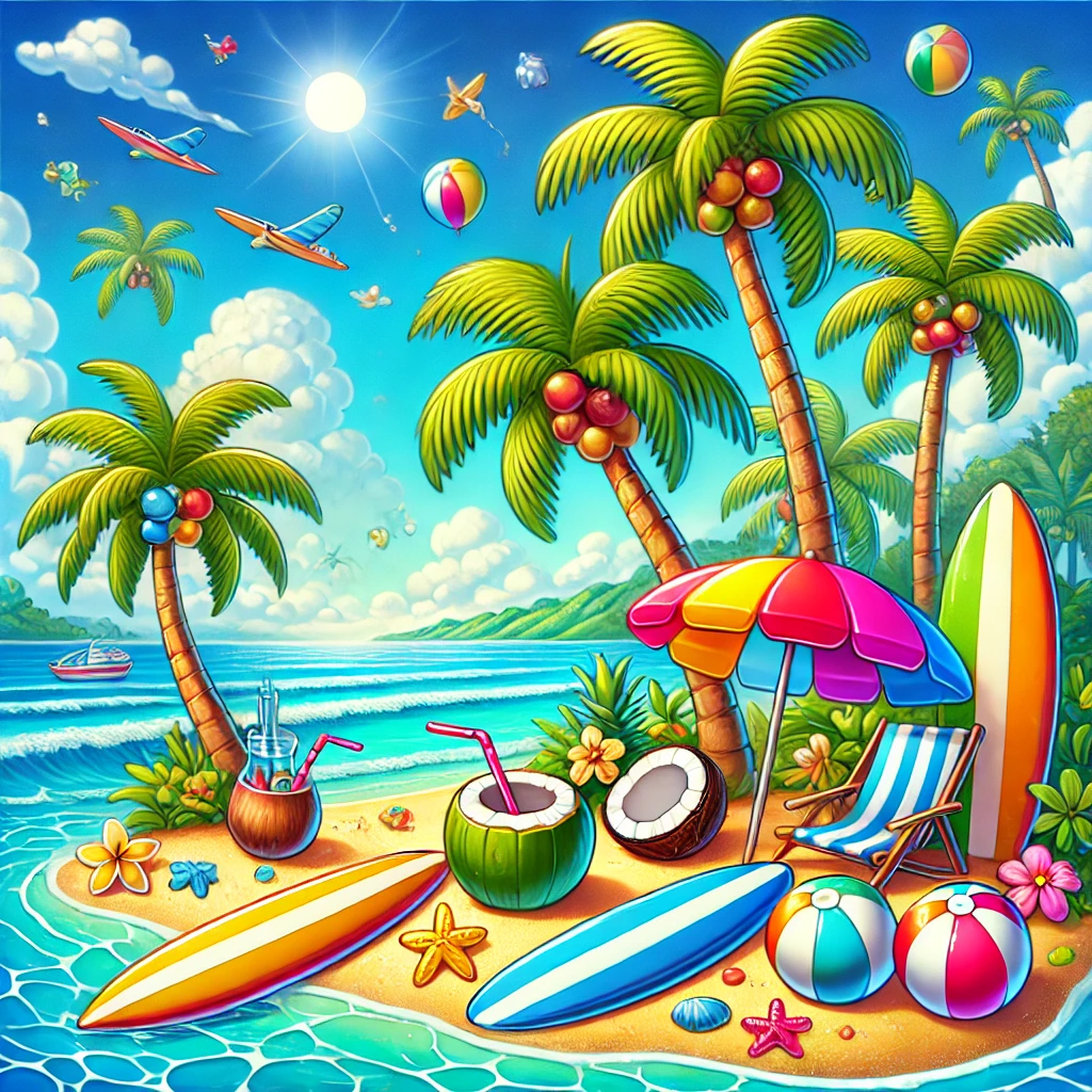 Whimsical cartoonish tropical paradise island with palm trees, a sandy beach, surfboards, and playful elements like beach umbrellas and a coconut drink.