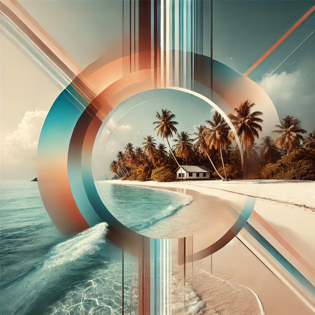 A serene and modern abstract scene on a Paradise Island, featuring tranquil tropical landscapes with abstract elements, devoid of people.