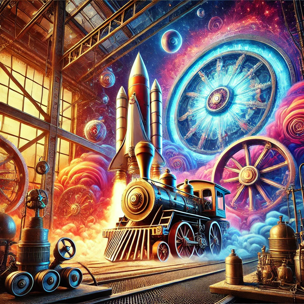 A vibrant steampunk-style scene featuring a rocket in the background and a steam engine in the foreground, set in a factory environment with bold colors and industrial machinery.