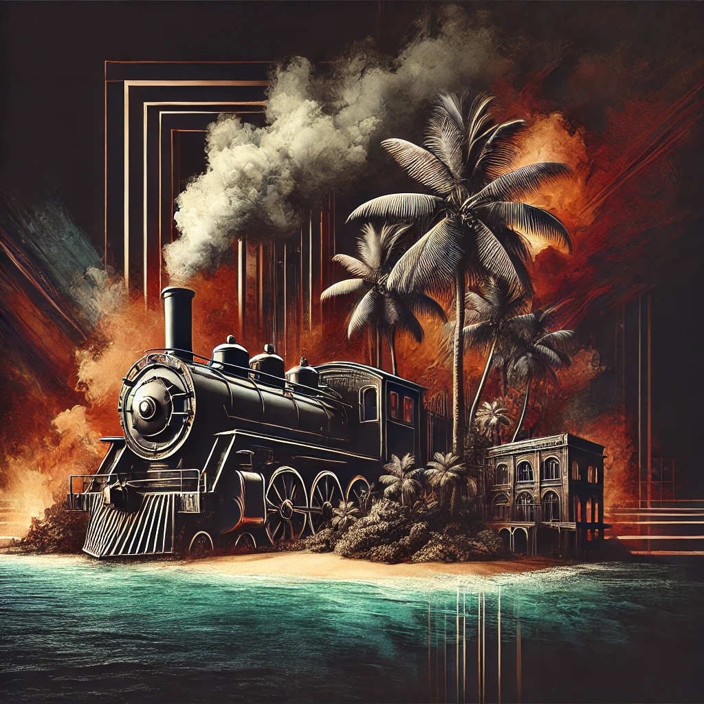 Abstract lavish scene on a dark Paradise Island with a steam machine in the background.