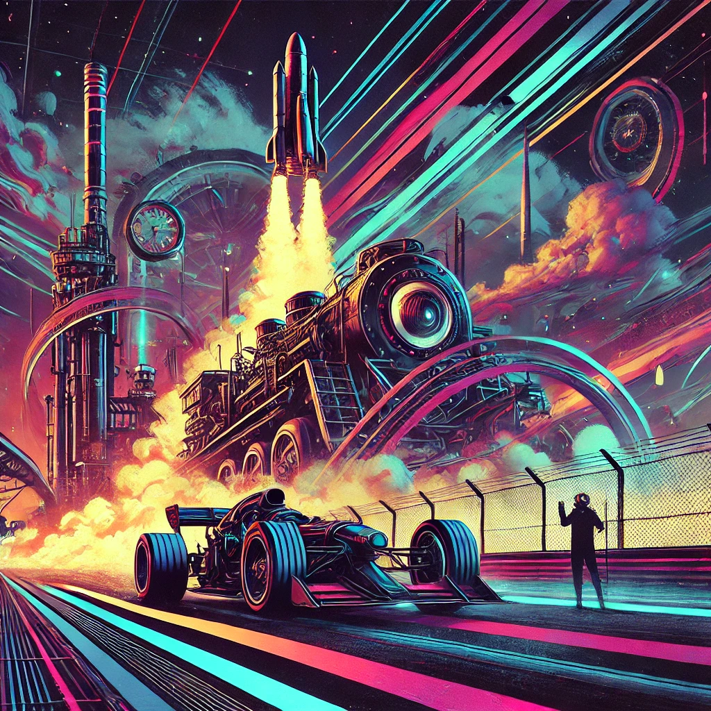 A vibrant and abstract image blending cyberpunk and steampunk elements with a racetrack, steam machine, and rocket in the background. The image features a dark and strong color scheme with a slight explosion effect.