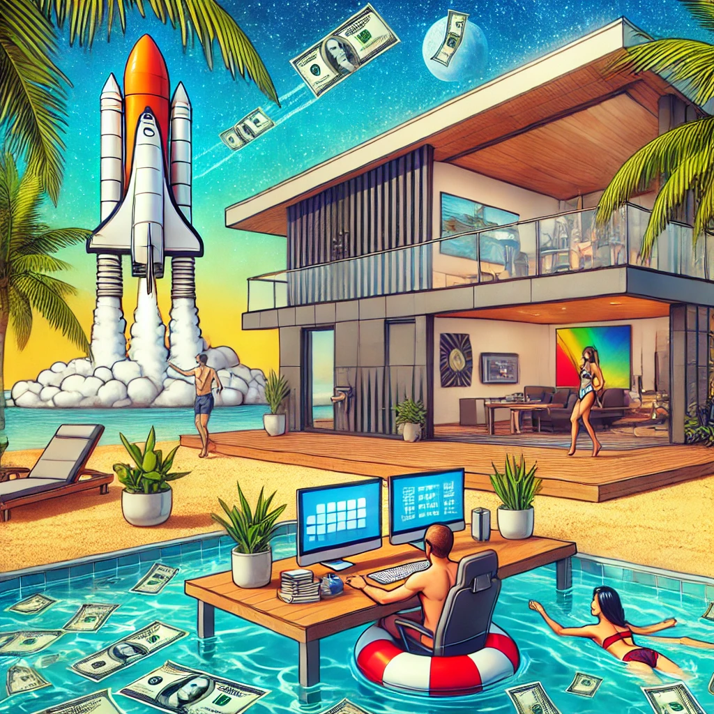 A modern home office set in a paradise island, featuring people swimming in money with a cartoon-style rocket in the background, in a humorous and vibrant scene.