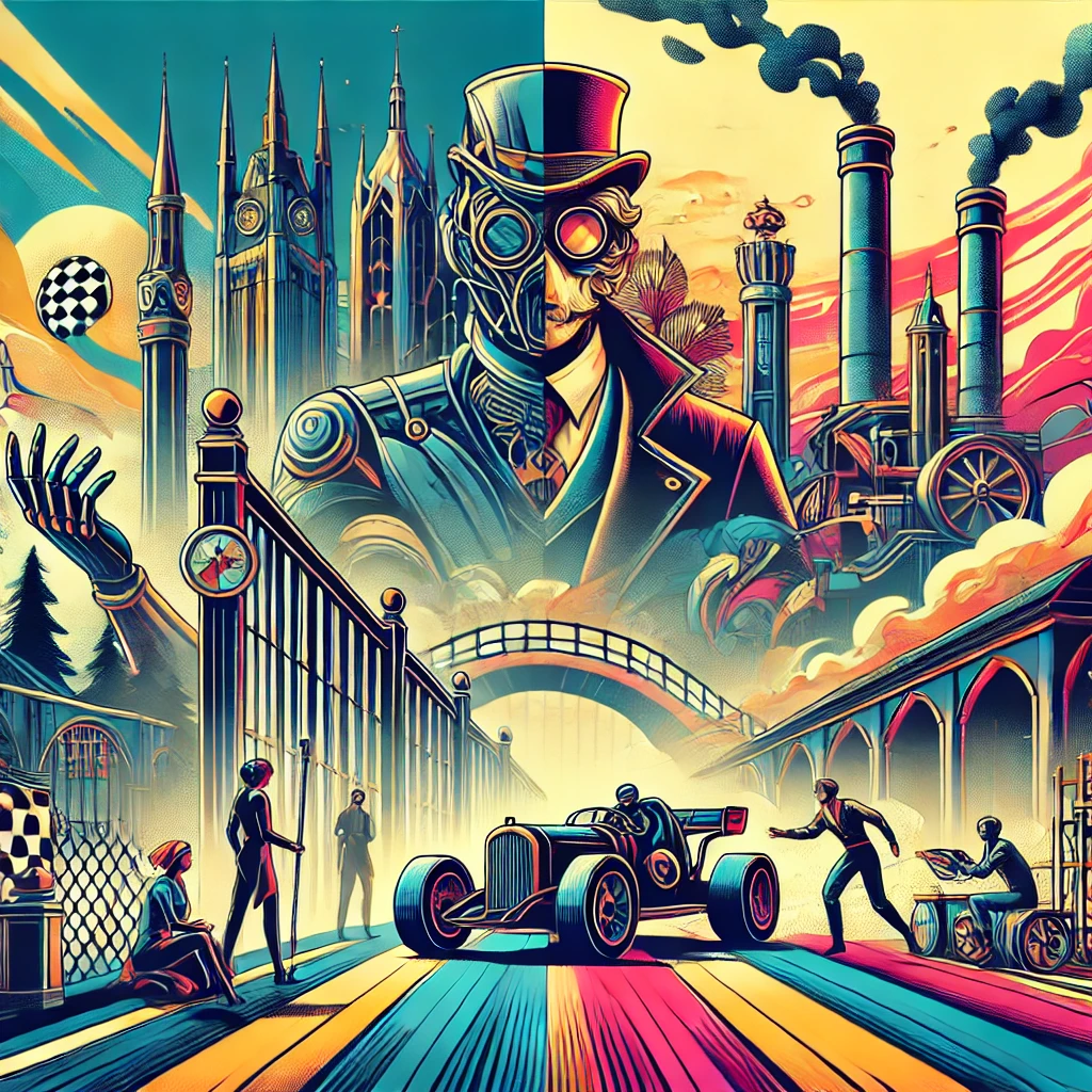 A visually striking image blending cyberpunk and medieval kingdom opulence, featuring bold and vibrant colors with abstract and modern elements. The background shows a racetrack with a steam machine, while people are depicted engaging in an accident.
